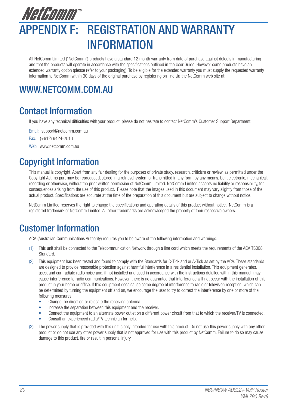Appendix f: registration and warranty information, Copyright information, Customer information | Netcom NB9 User Manual | Page 80 / 84