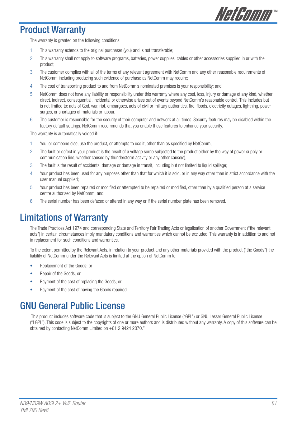 Product warranty, Limitations of warranty, Gnu general public license | Netcom NB9 User Manual | Page 81 / 84