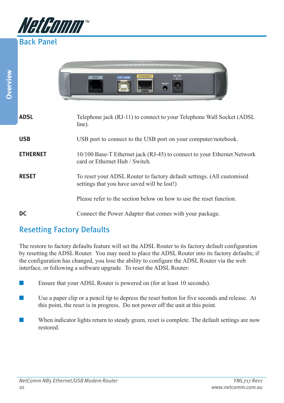 Back panel, Resetting factory defaults, Back panel resetting factory defaults | Overview | Netcom NB5 User Manual | Page 10 / 84