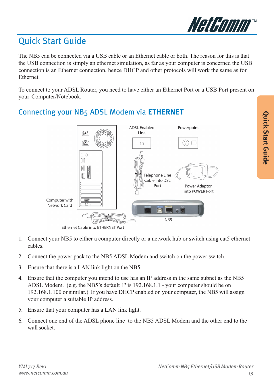 Quick start guide, Connecting your nb5 adsl modem via ethernet | Netcom NB5 User Manual | Page 13 / 84