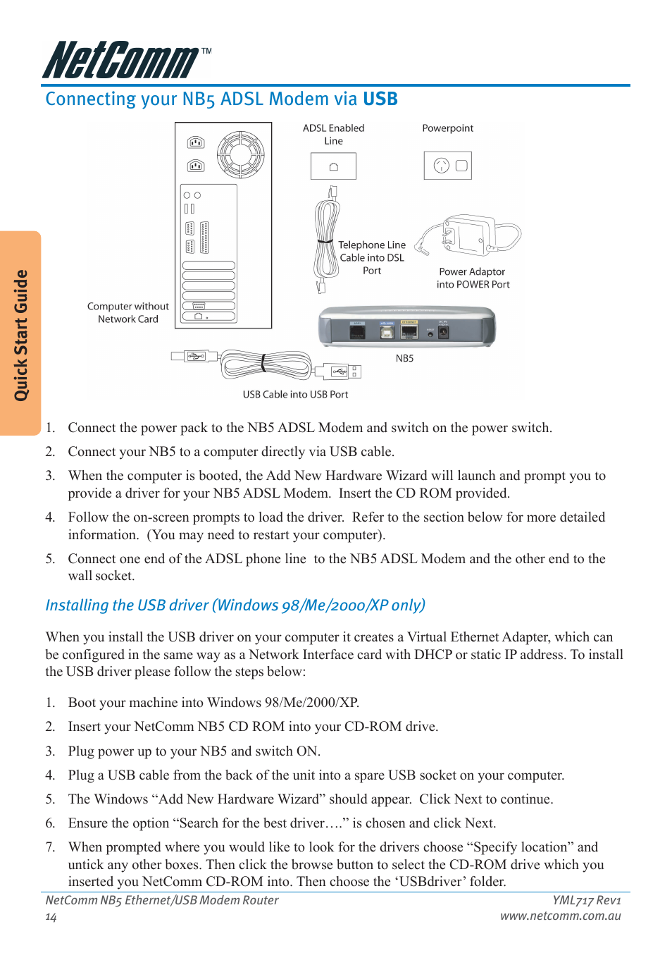 Connecting your nb5 adsl modem via usb, Quick start guide | Netcom NB5 User Manual | Page 14 / 84