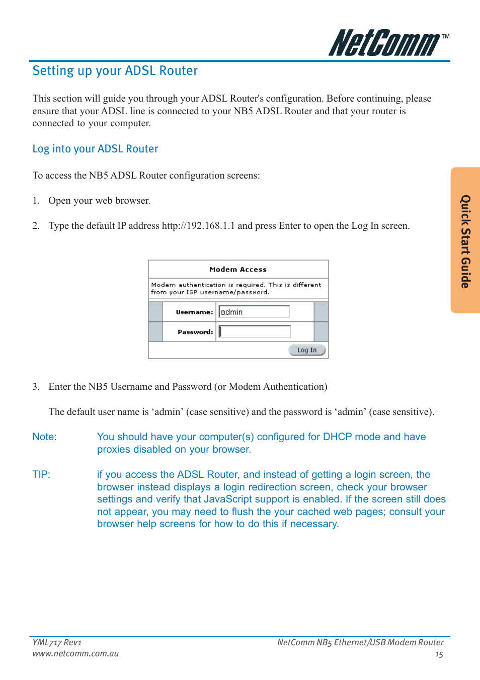 Setting up your adsl router, Log into your adsl router, Quick start guide | Netcom NB5 User Manual | Page 15 / 84