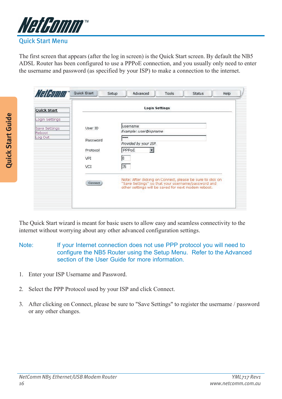 Quick start menu, Quick start guide | Netcom NB5 User Manual | Page 16 / 84