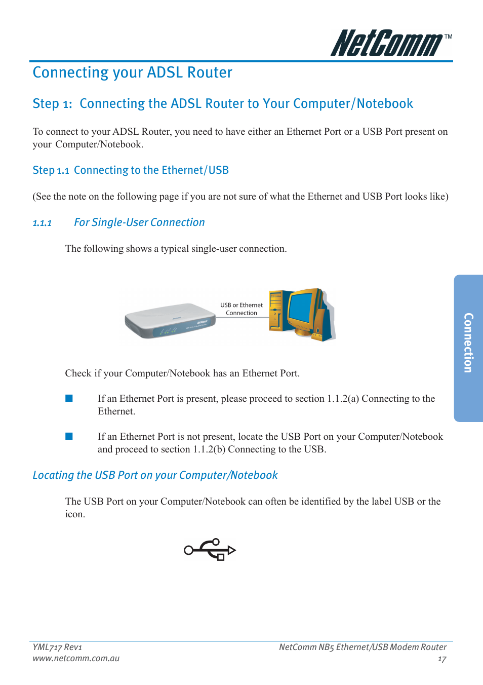Connecting your adsl router, Step 1.1 connecting to the ethernet/usb, Step 1.1 | Connecting to the ethernet/usb | Netcom NB5 User Manual | Page 17 / 84