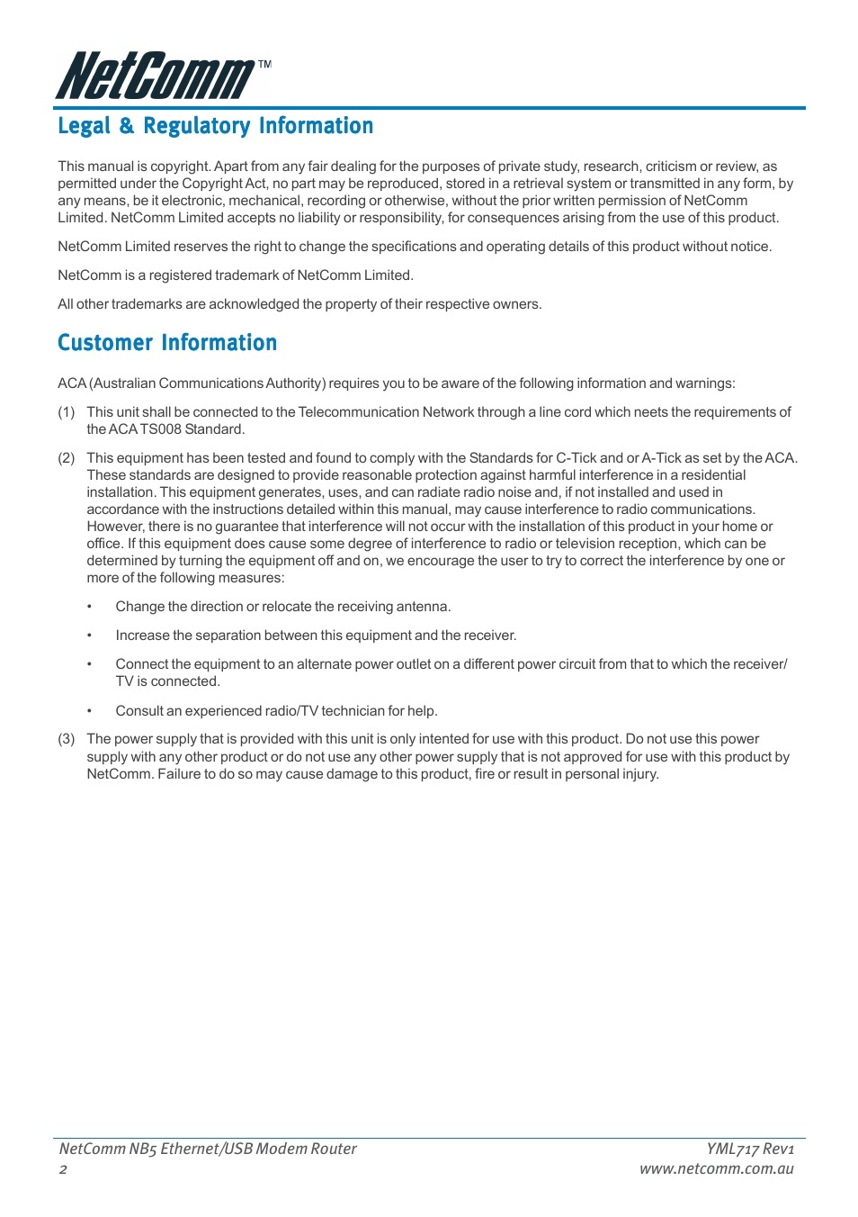 Legal & regulatory information, Customer information | Netcom NB5 User Manual | Page 2 / 84