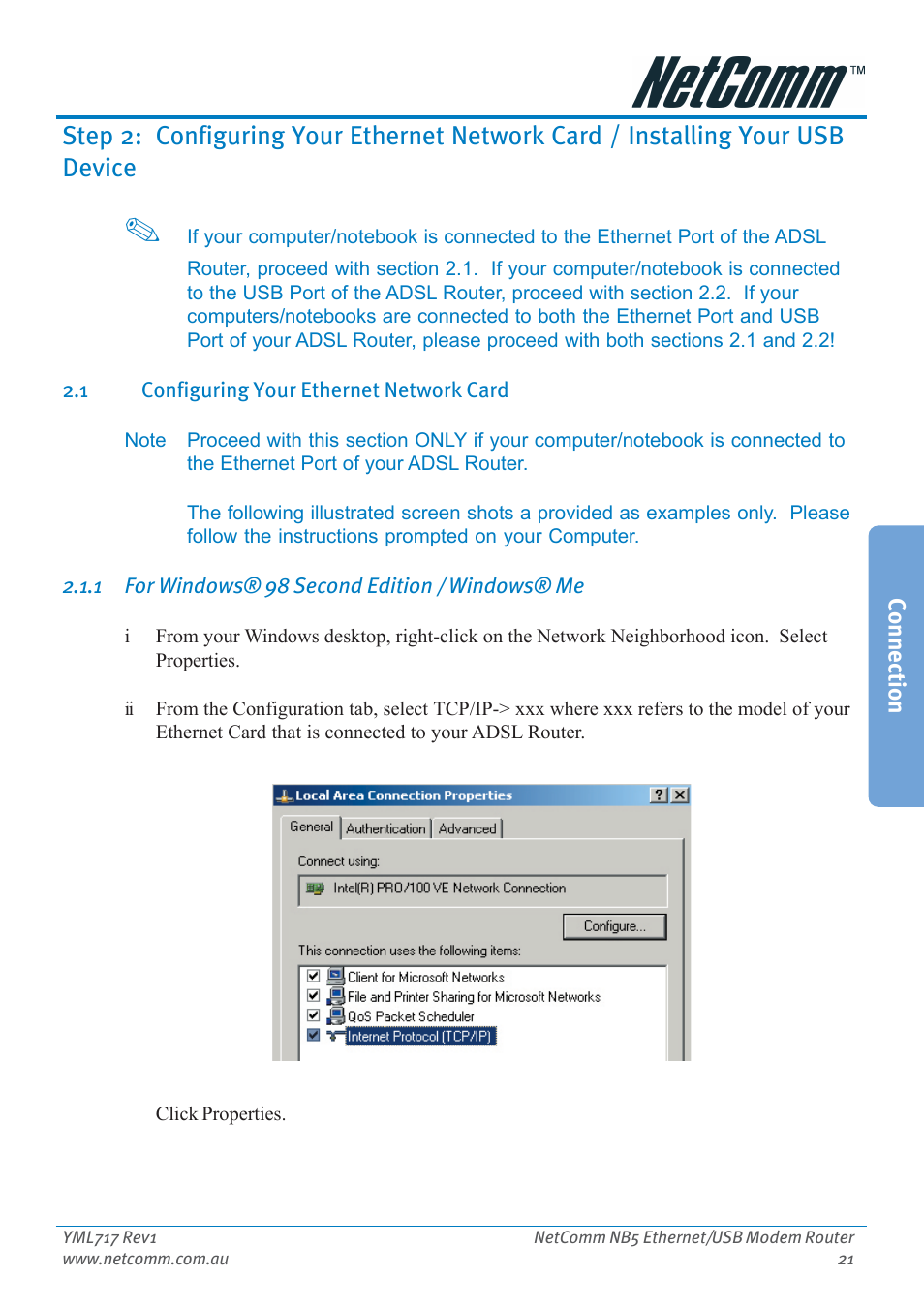 1 configuring your ethernet network card, Configuring your ethernet network card | Netcom NB5 User Manual | Page 21 / 84
