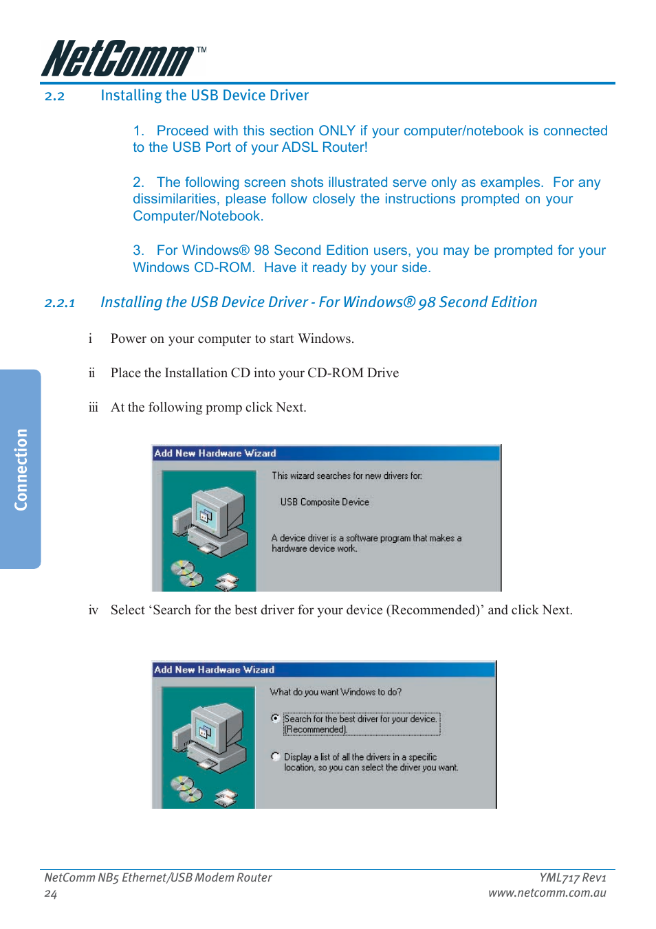 2 installing the usb device driver, Installing the usb device driver, Connection | Netcom NB5 User Manual | Page 24 / 84