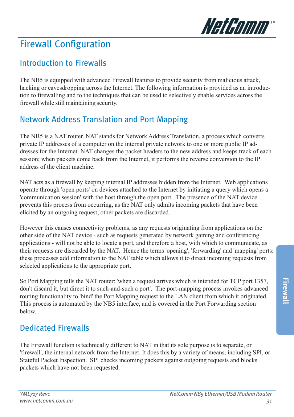 Firewall configuration, Introduction to firewalls, Network address translation and port mapping | Dedicated firewalls | Netcom NB5 User Manual | Page 31 / 84