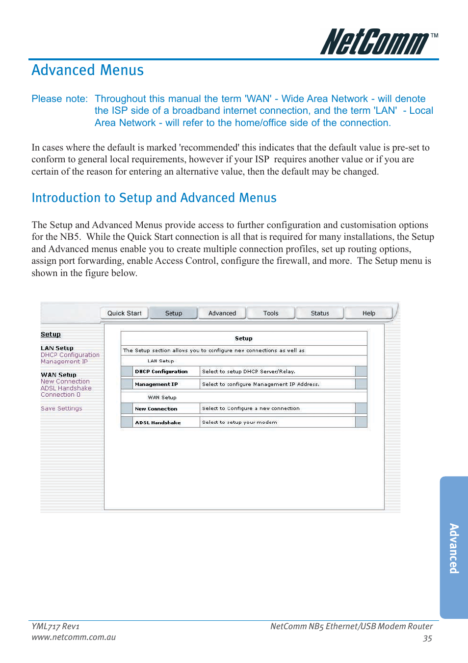 Advanced menus, Introduction to setup and advanced menus | Netcom NB5 User Manual | Page 35 / 84