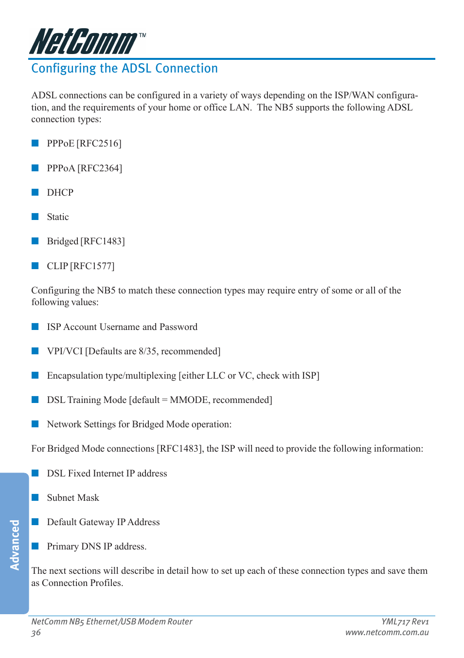 Configuring the adsl connection, Advanced | Netcom NB5 User Manual | Page 36 / 84