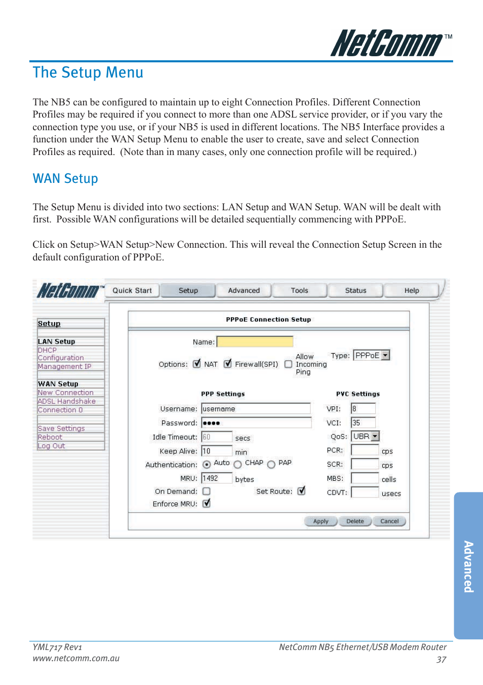 The setup menu, Wan setup | Netcom NB5 User Manual | Page 37 / 84