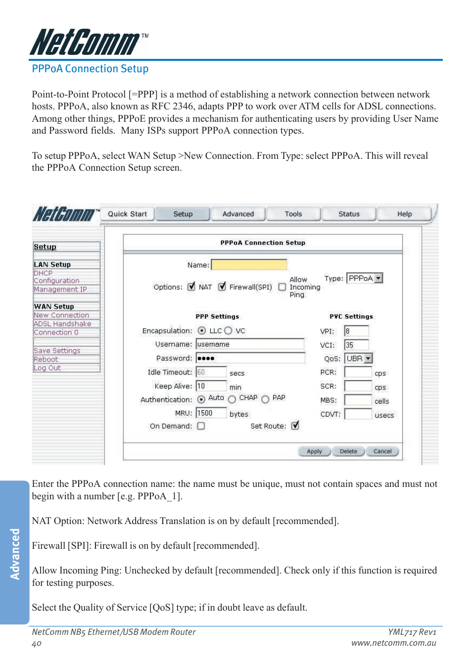 Pppoa connection setup, Advanced | Netcom NB5 User Manual | Page 40 / 84