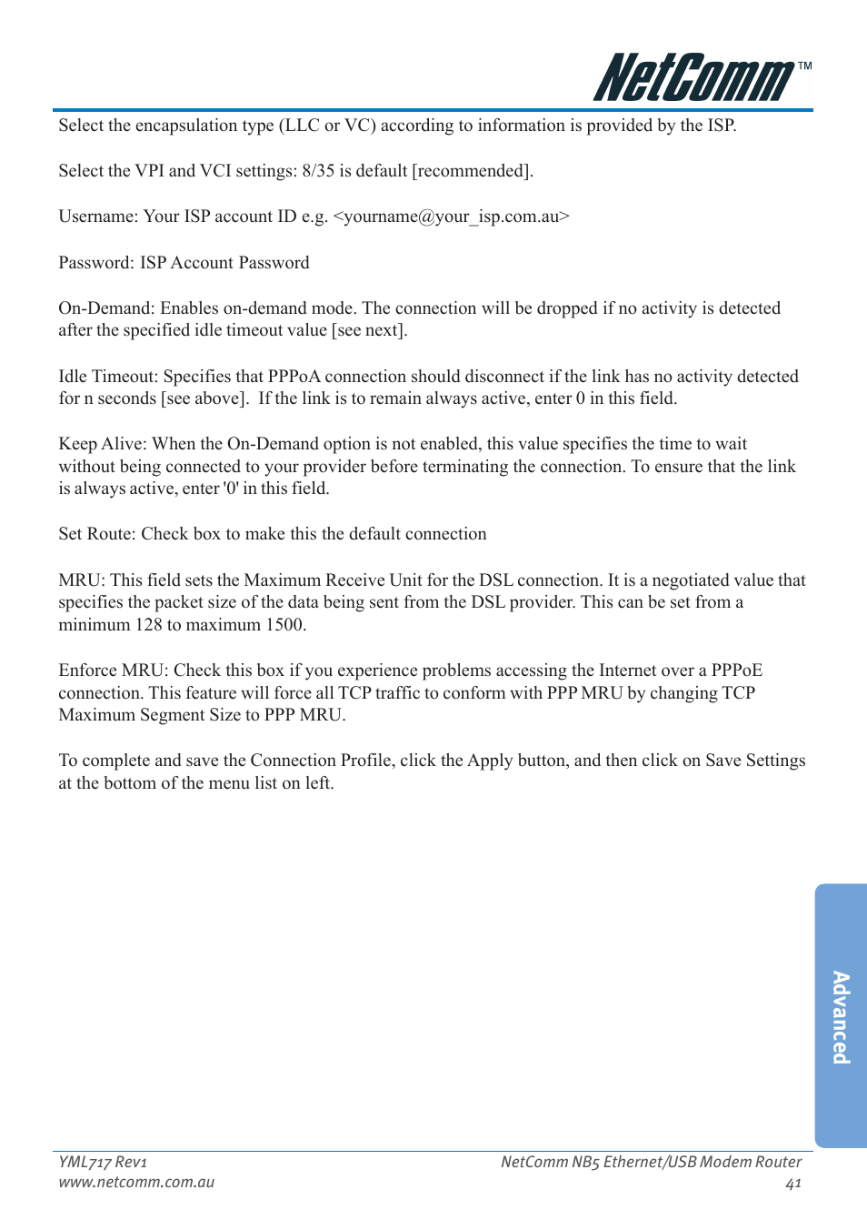 Advanced | Netcom NB5 User Manual | Page 41 / 84