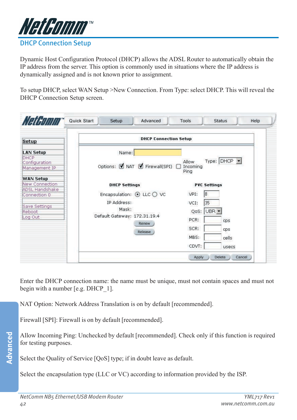 Dhcp connection setup, Advanced | Netcom NB5 User Manual | Page 42 / 84