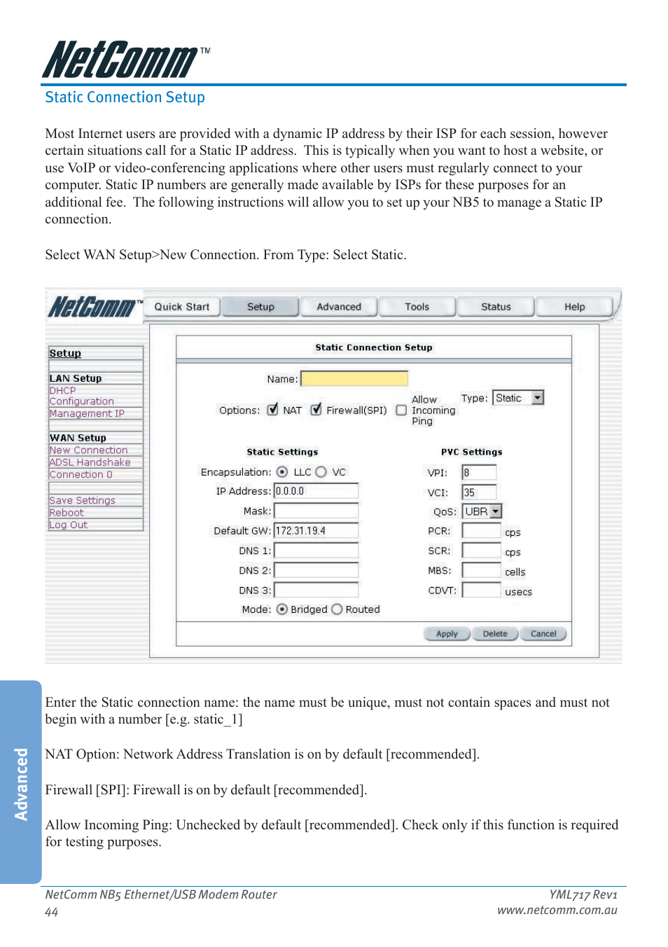 Static connection setup, Advanced | Netcom NB5 User Manual | Page 44 / 84
