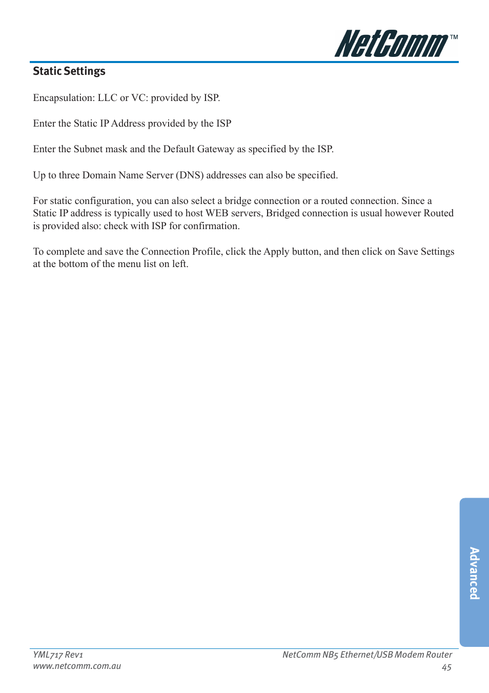 Advanced | Netcom NB5 User Manual | Page 45 / 84