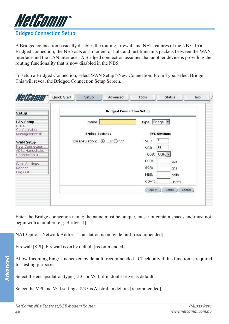 Bridged connection setup, Advanced | Netcom NB5 User Manual | Page 46 / 84