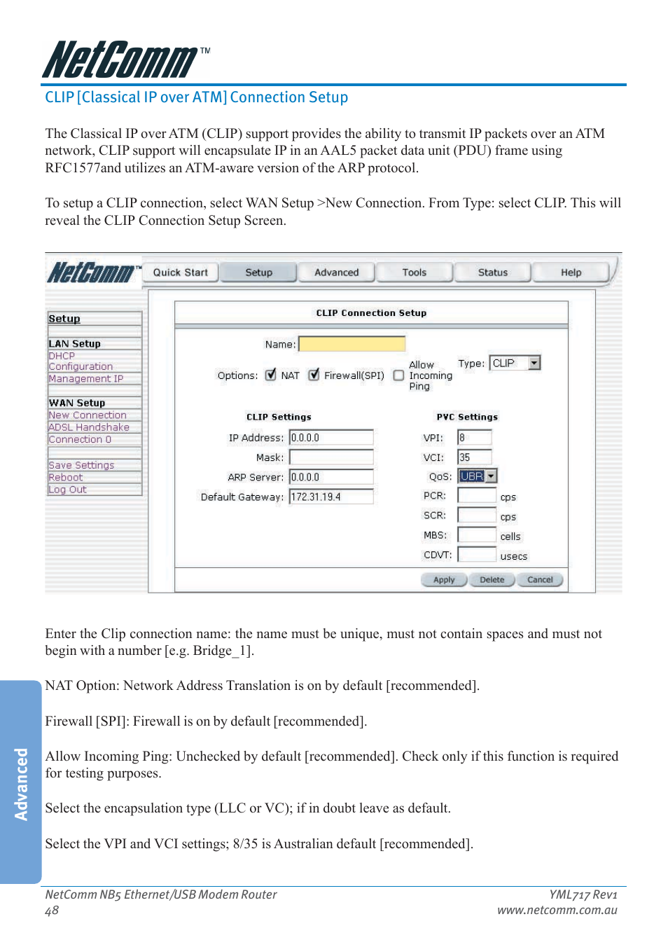 Clip [classical ip over atm] connection setup, Advanced | Netcom NB5 User Manual | Page 48 / 84