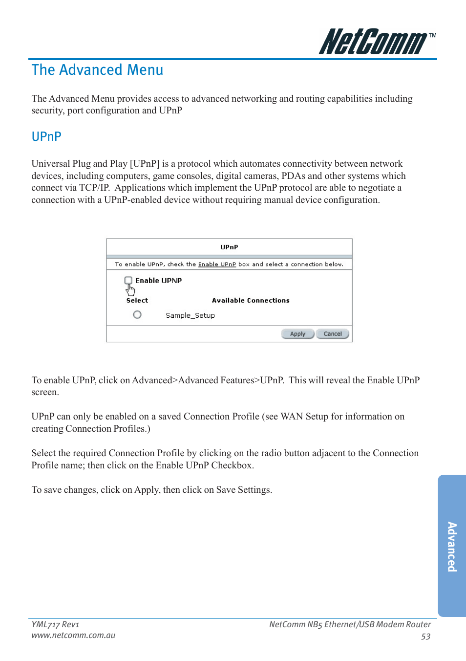 The advanced menu, Upnp | Netcom NB5 User Manual | Page 53 / 84