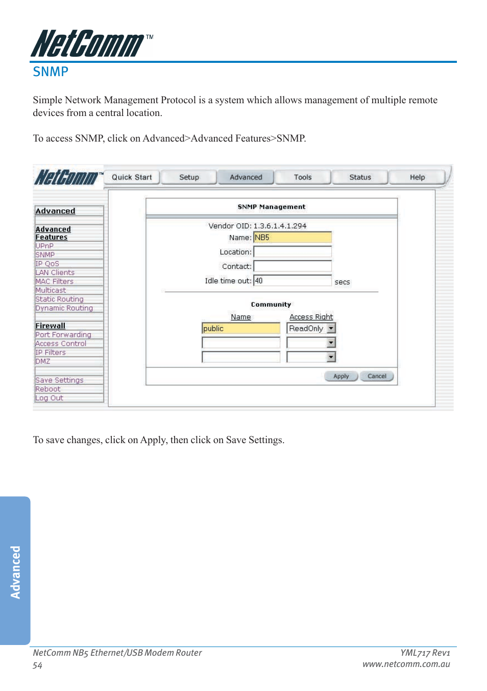 Snmp, Advanced | Netcom NB5 User Manual | Page 54 / 84