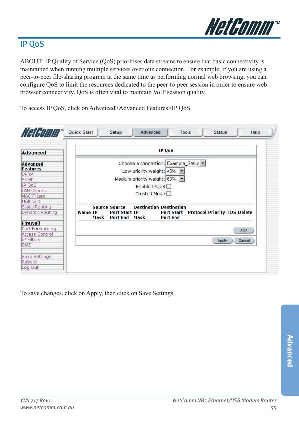 Ip qos, Advanced | Netcom NB5 User Manual | Page 55 / 84