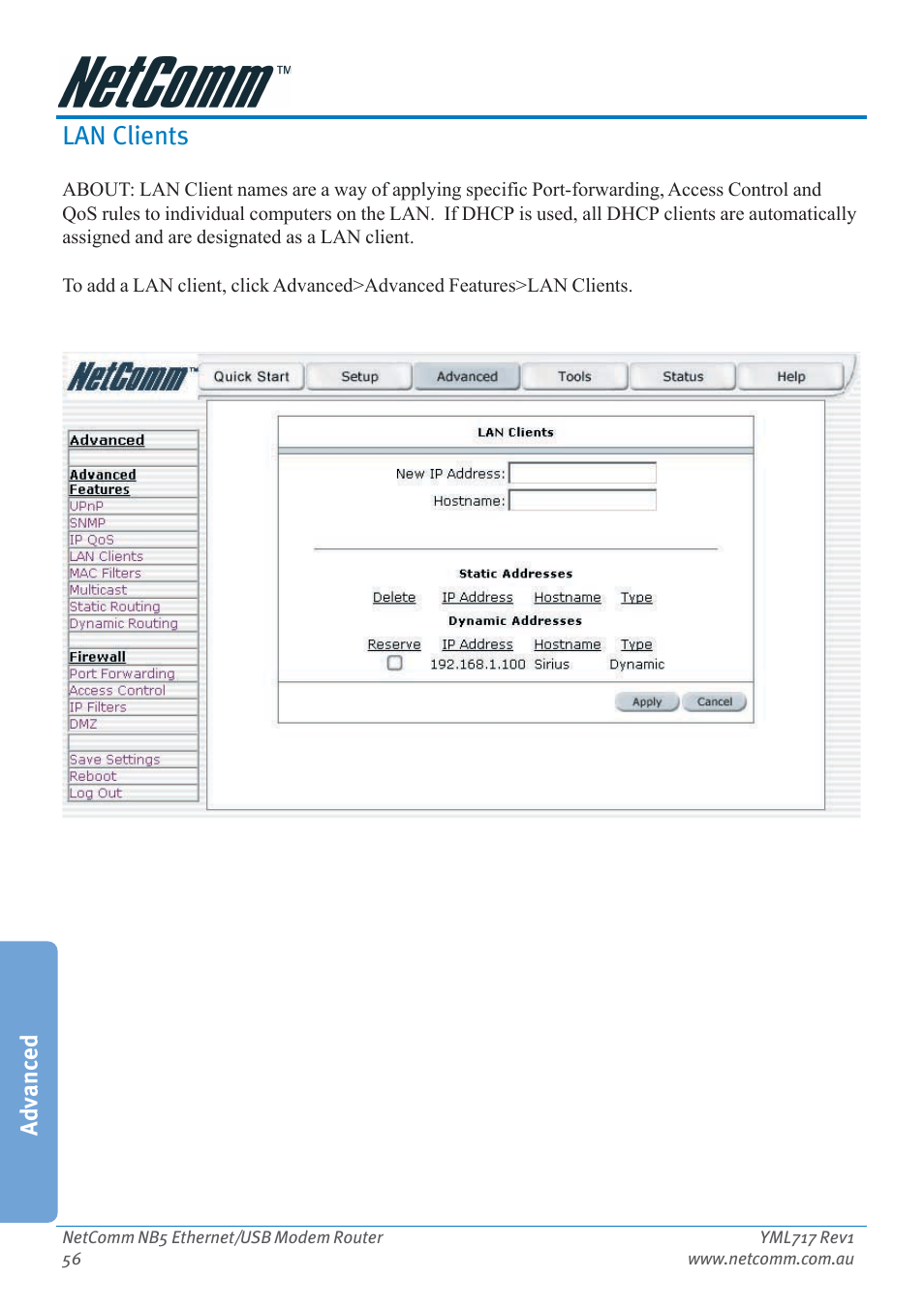 Lan clients, Advanced | Netcom NB5 User Manual | Page 56 / 84