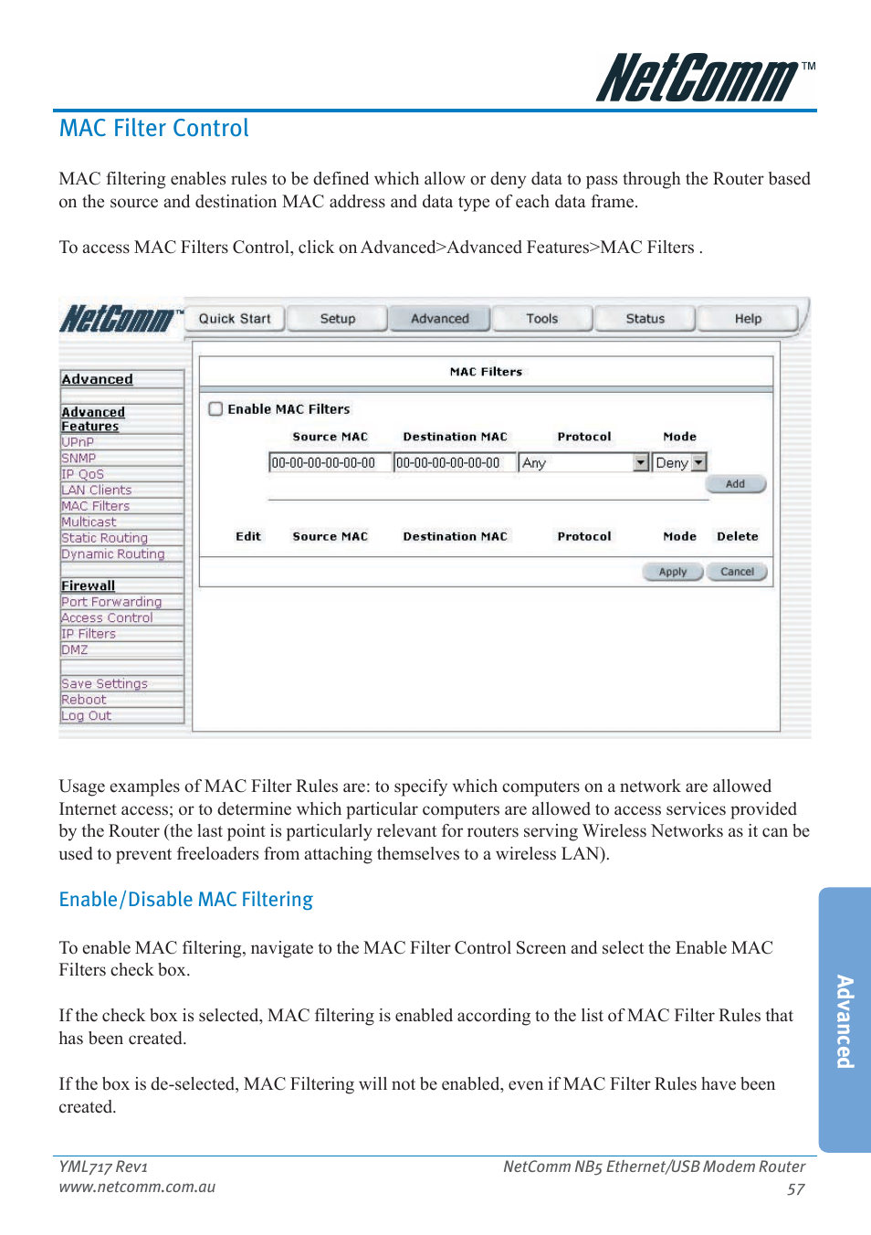 Mac filter control, Enable/disable mac filtering, Advanced | Netcom NB5 User Manual | Page 57 / 84