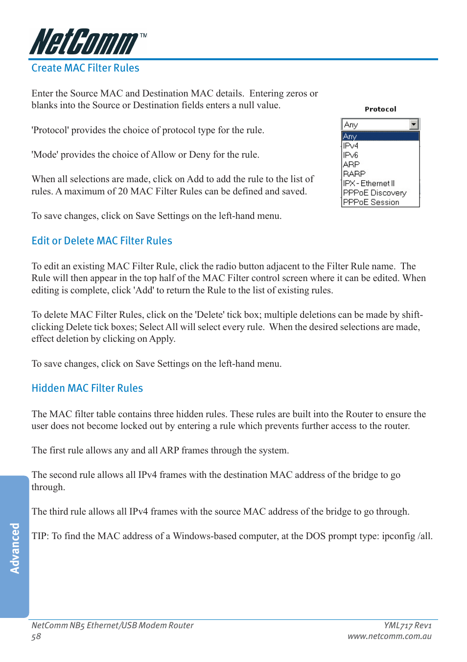 Create mac filter rules, Edit or delete mac filter rules, Hidden mac filter rules | Advanced | Netcom NB5 User Manual | Page 58 / 84
