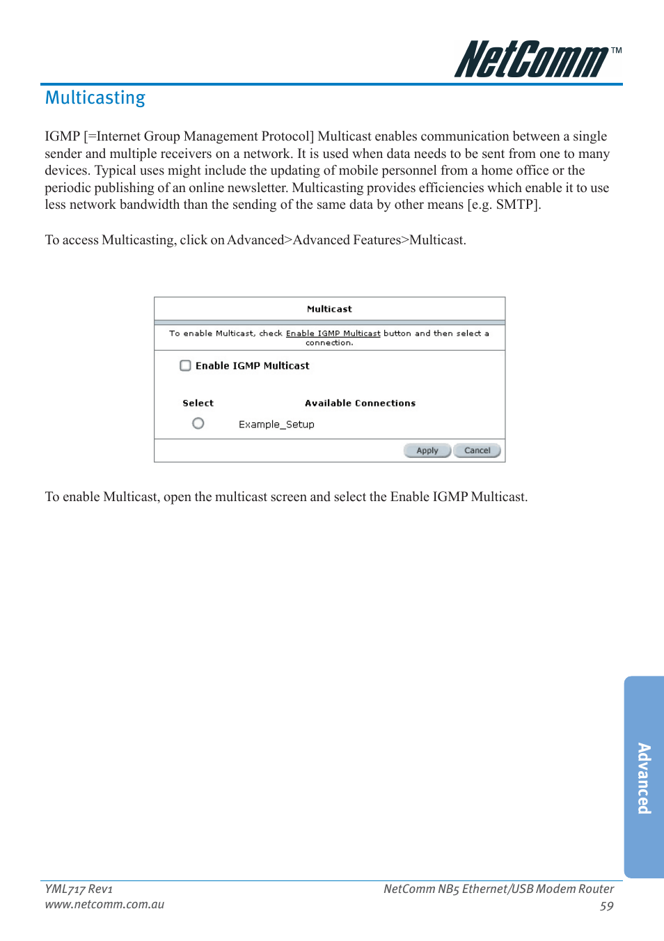 Multicasting, Advanced | Netcom NB5 User Manual | Page 59 / 84