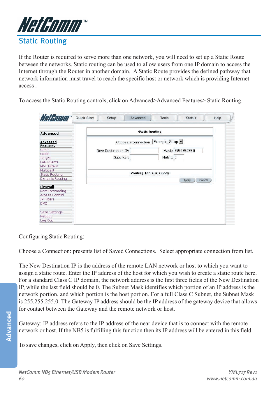 Static routing, Advanced | Netcom NB5 User Manual | Page 60 / 84