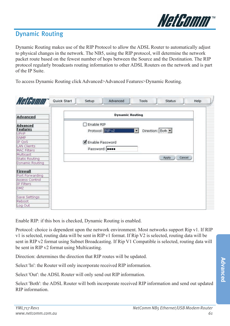 Dynamic routing, Advanced | Netcom NB5 User Manual | Page 61 / 84