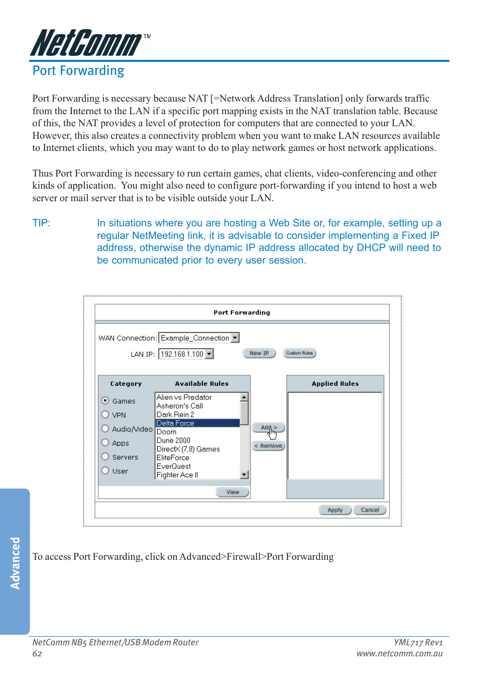 Port forwarding, Advanced | Netcom NB5 User Manual | Page 62 / 84
