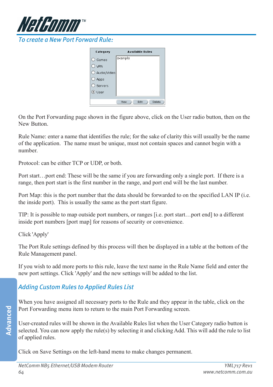 Advanced | Netcom NB5 User Manual | Page 64 / 84