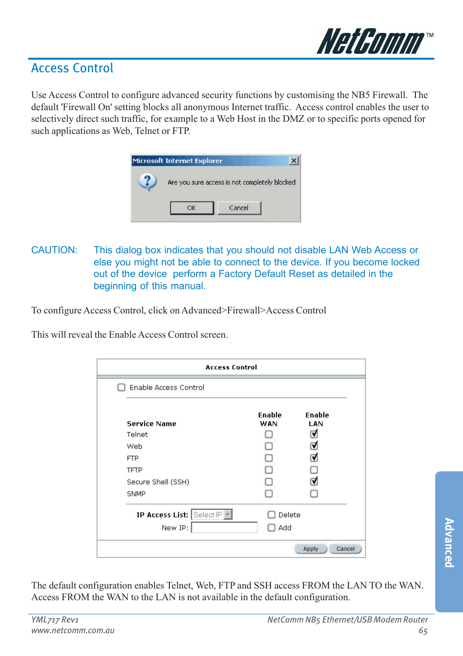 Access control, Advanced | Netcom NB5 User Manual | Page 65 / 84
