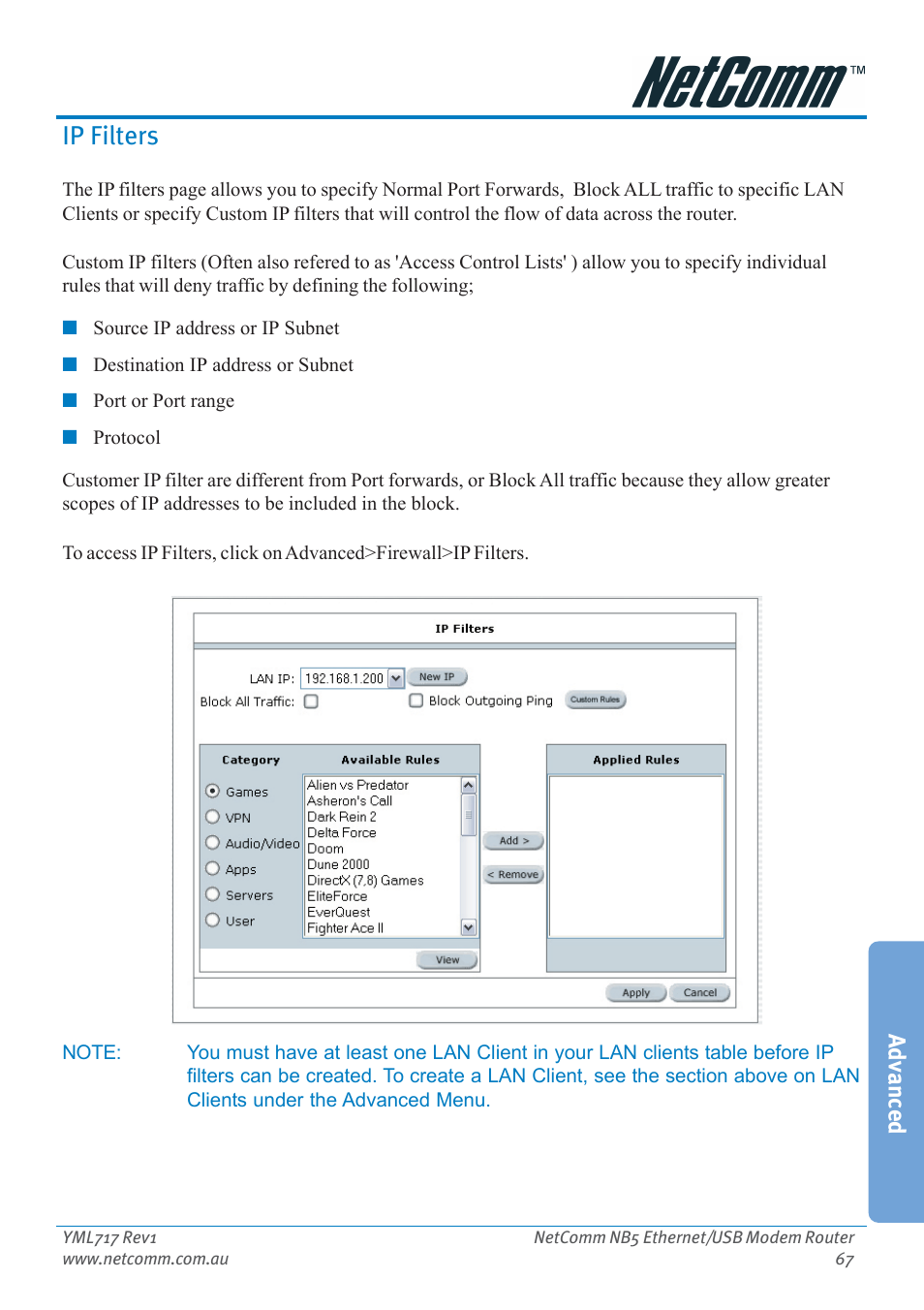 Ip filters, Advanced | Netcom NB5 User Manual | Page 67 / 84
