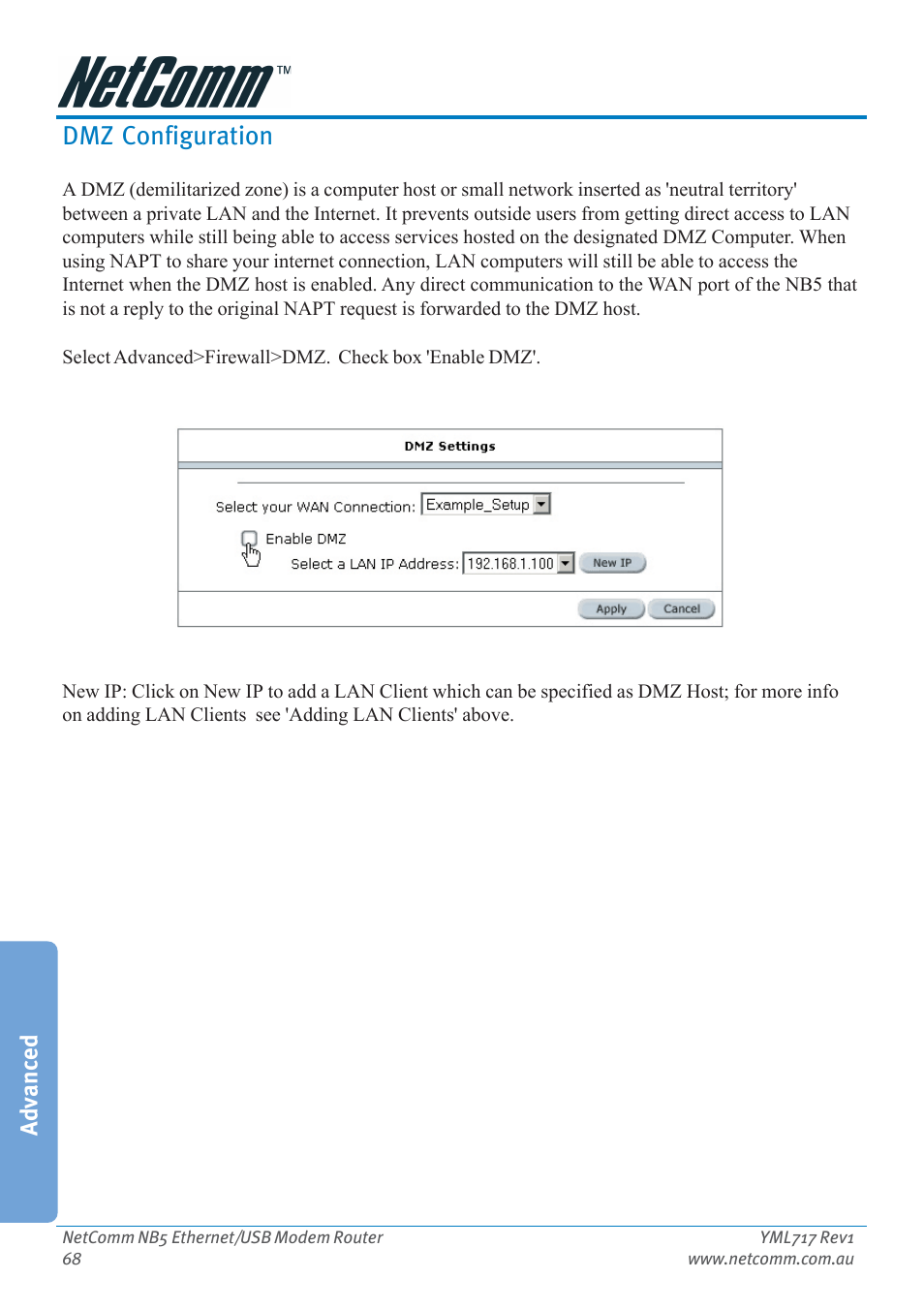 Dmz configuration, Advanced | Netcom NB5 User Manual | Page 68 / 84