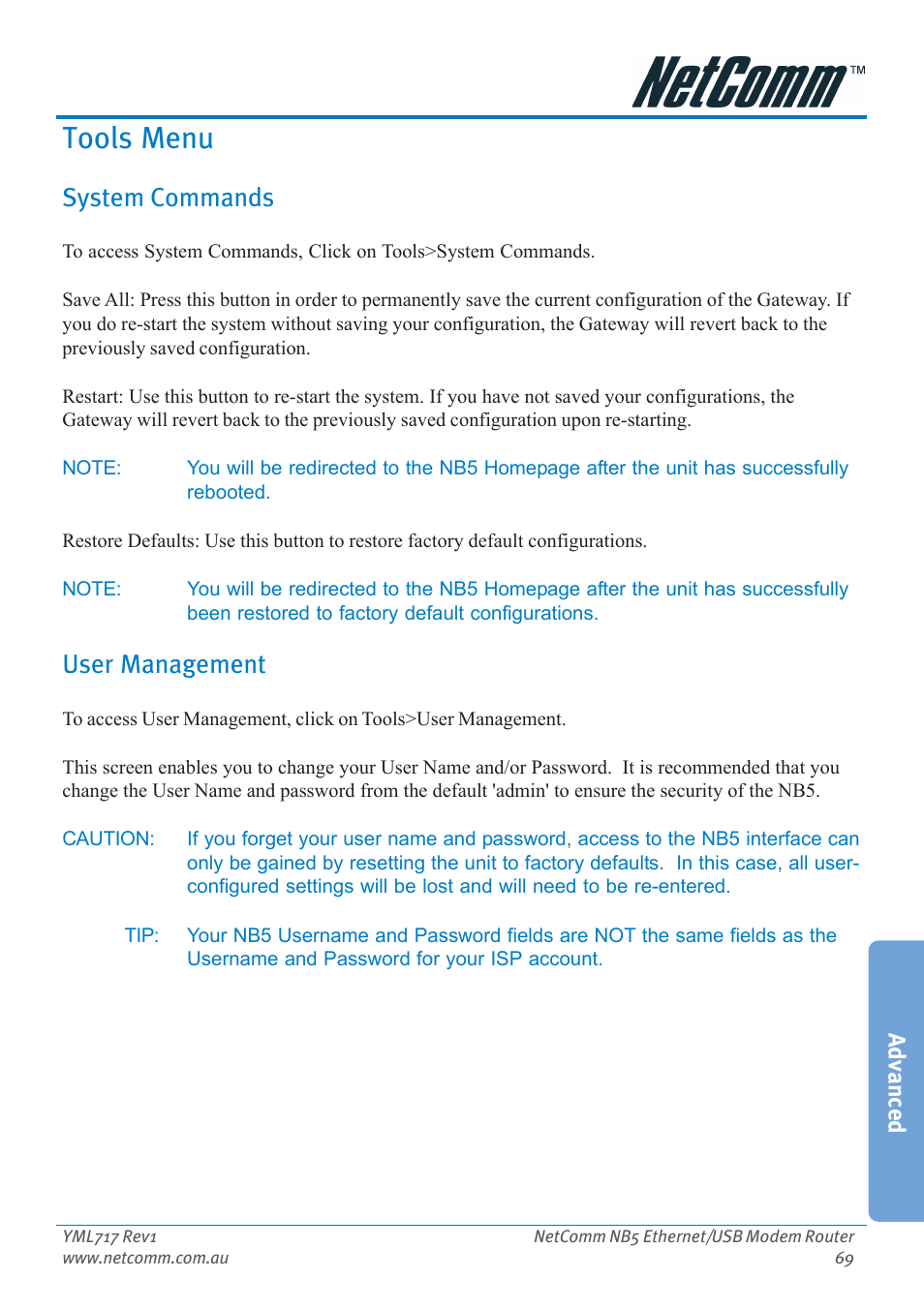 Tools menu, System commands, User management | System commands user management | Netcom NB5 User Manual | Page 69 / 84