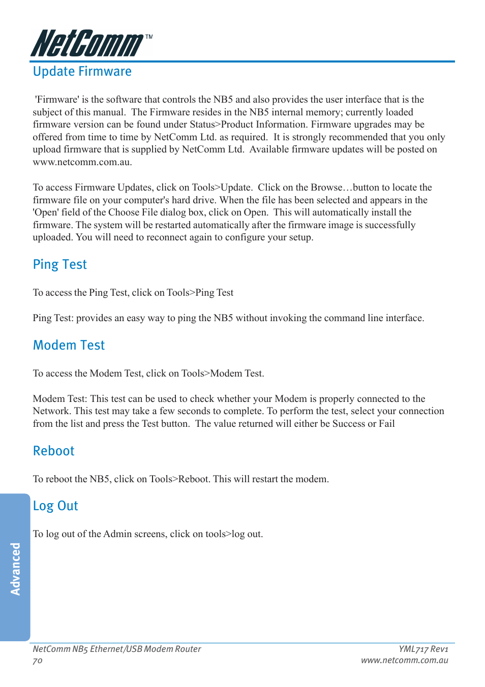 Update firmware, Ping test, Modem test | Reboot, Log out | Netcom NB5 User Manual | Page 70 / 84