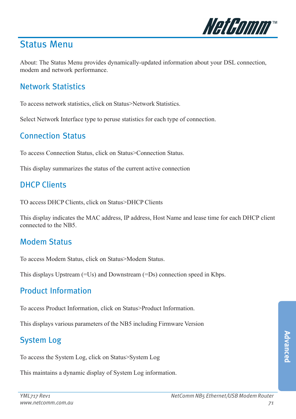 Status menu, Network statistics, Connection status | Dhcp clients, Modem status, Product information, System log, Product information system log | Netcom NB5 User Manual | Page 71 / 84