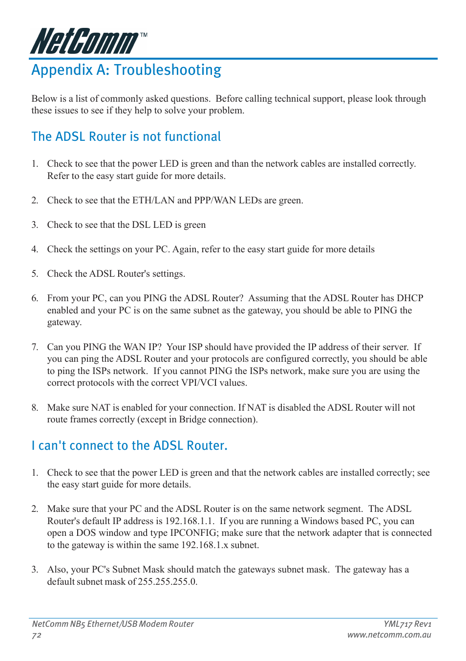 Appendix a: troubleshooting, The adsl router is not functional, I can't connect to the adsl router | Netcom NB5 User Manual | Page 72 / 84