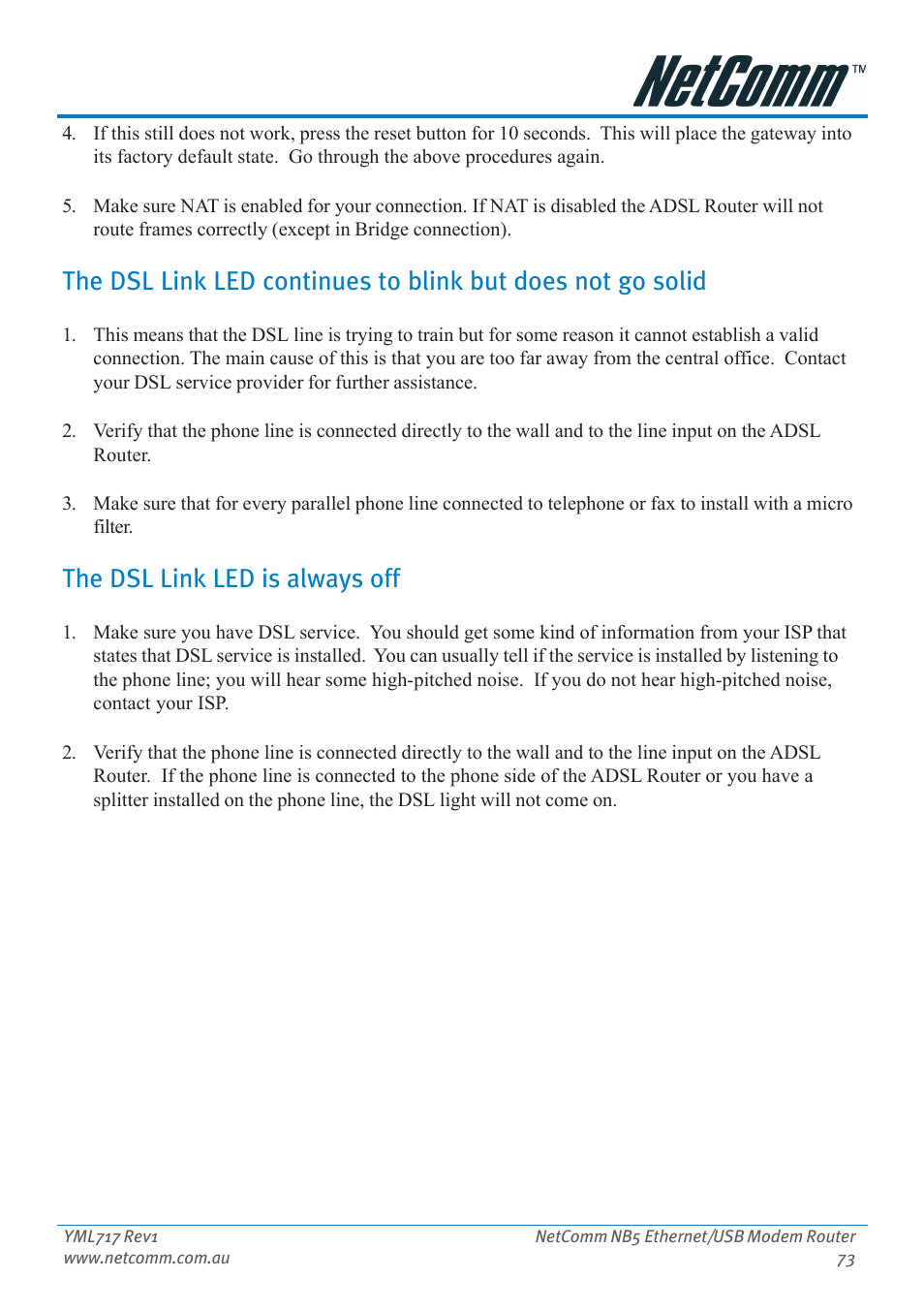 The dsl link led is always off | Netcom NB5 User Manual | Page 73 / 84