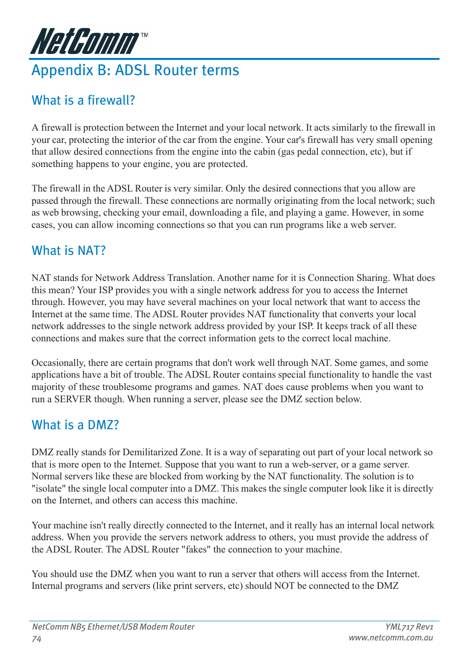Appendix b: adsl router terms, What is a firewall, What is nat | What is a dmz, What is a firewall? what is nat? what is a dmz | Netcom NB5 User Manual | Page 74 / 84