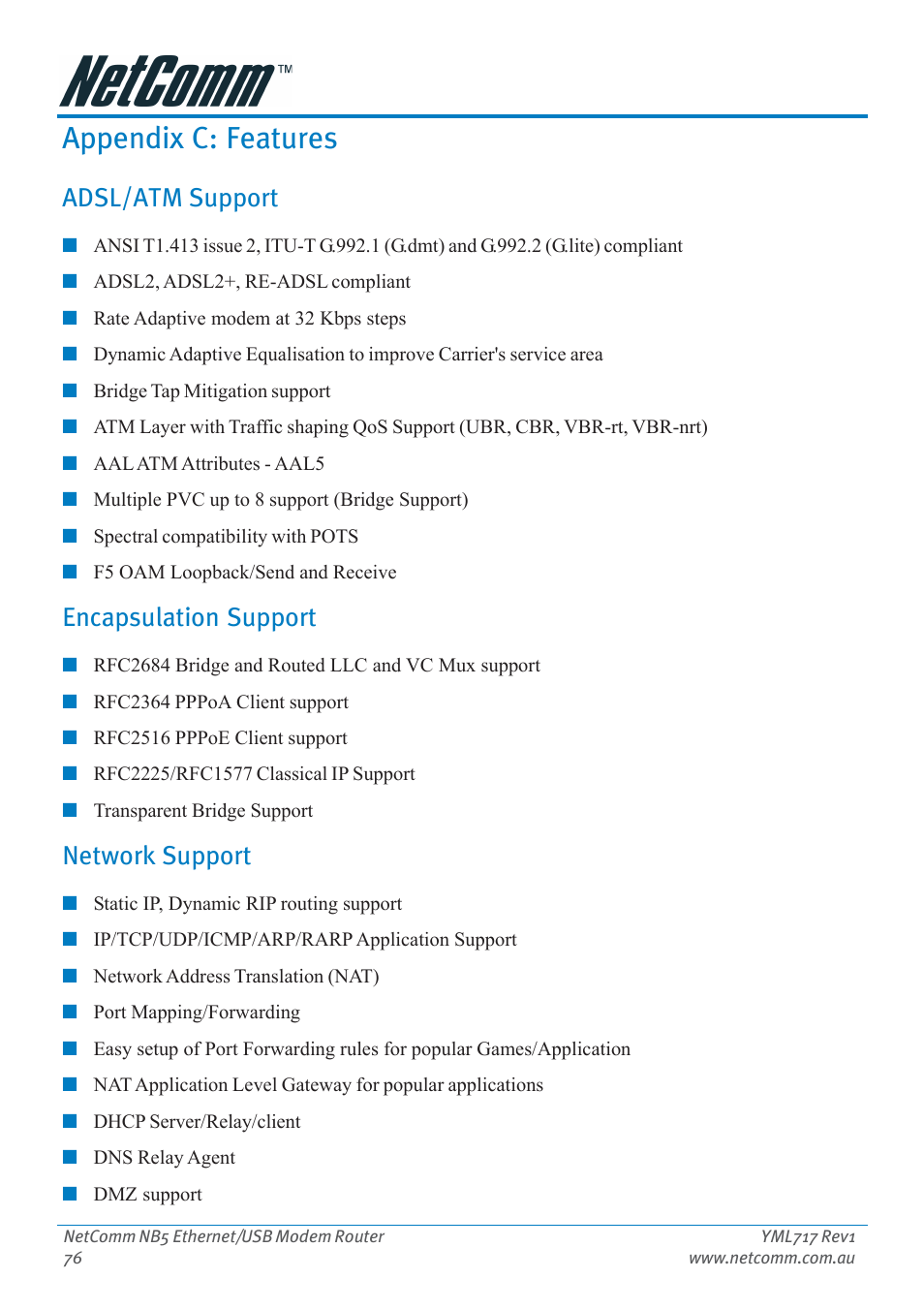 Appendix c: features, Adsl/atm support, Encapsulation support | Network support | Netcom NB5 User Manual | Page 76 / 84