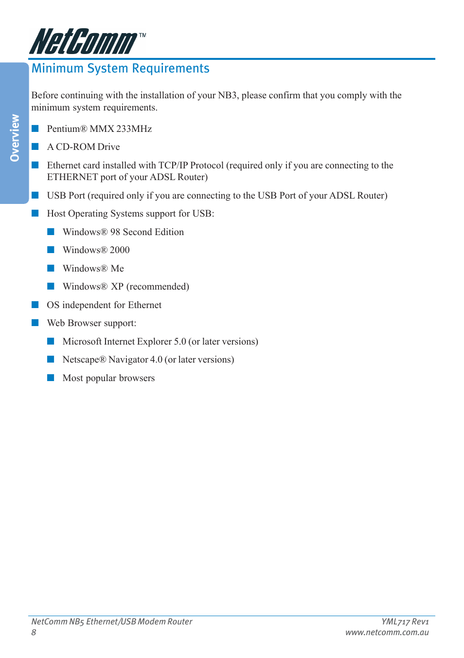 Minimum system requirements, Overview | Netcom NB5 User Manual | Page 8 / 84