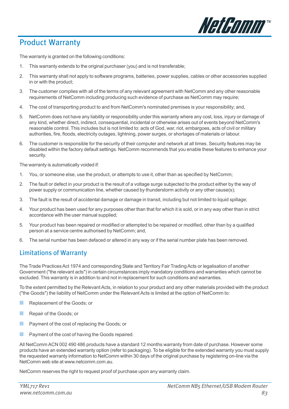 Product warranty, Limitations of warranty | Netcom NB5 User Manual | Page 83 / 84