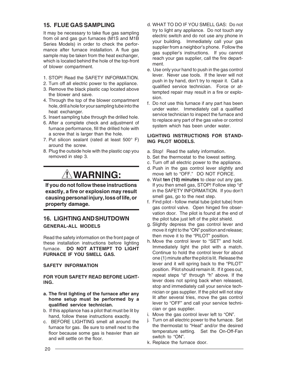 Warning | Nordyne M1M User Manual | Page 20 / 40