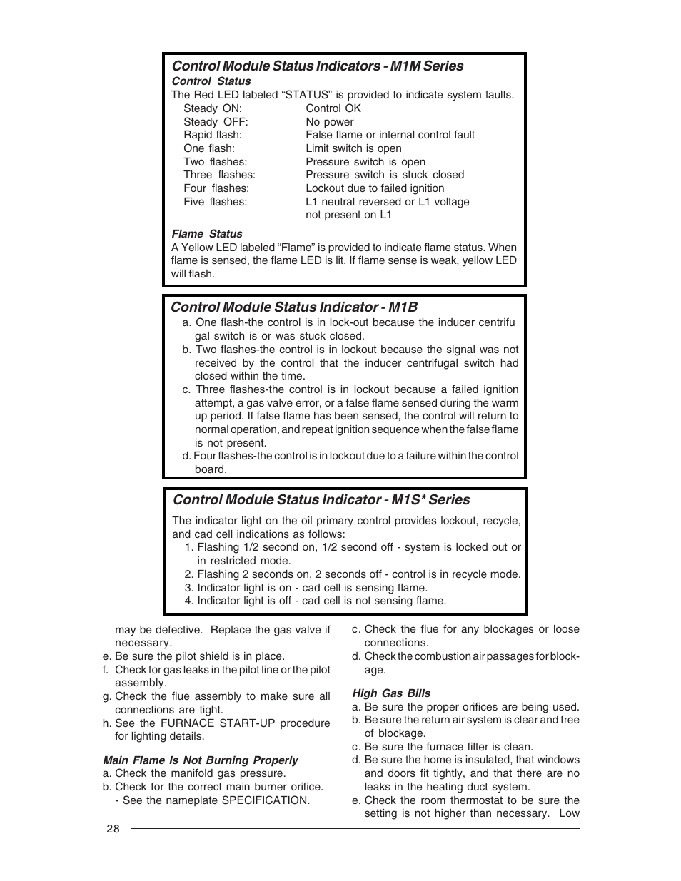 Control module status indicators - m1m series, Control module status indicator - m1s* series, Control module status indicator - m1b | Nordyne M1M User Manual | Page 28 / 40