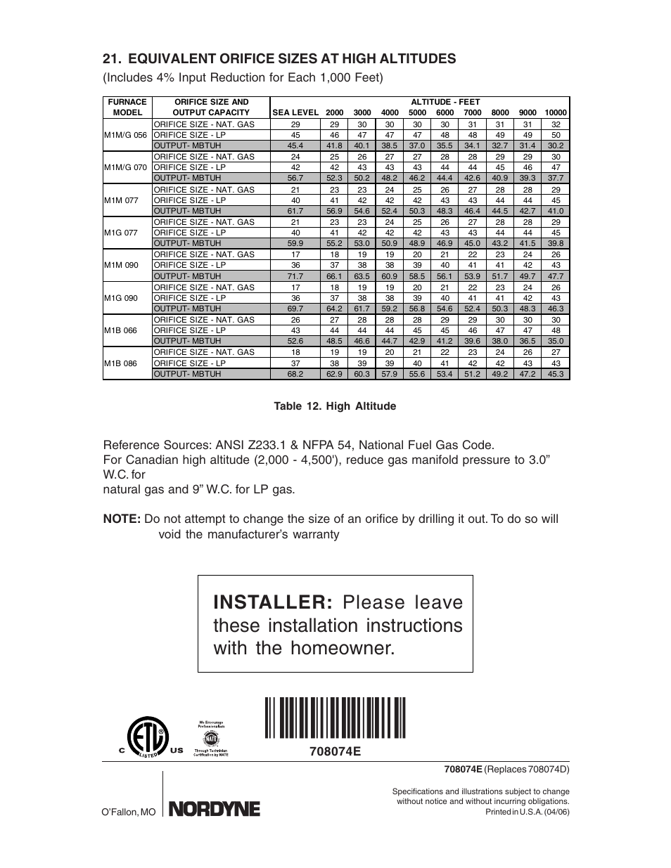 Equivalent orifice sizes at high altitudes, Table 12. high altitude | Nordyne M1M User Manual | Page 40 / 40