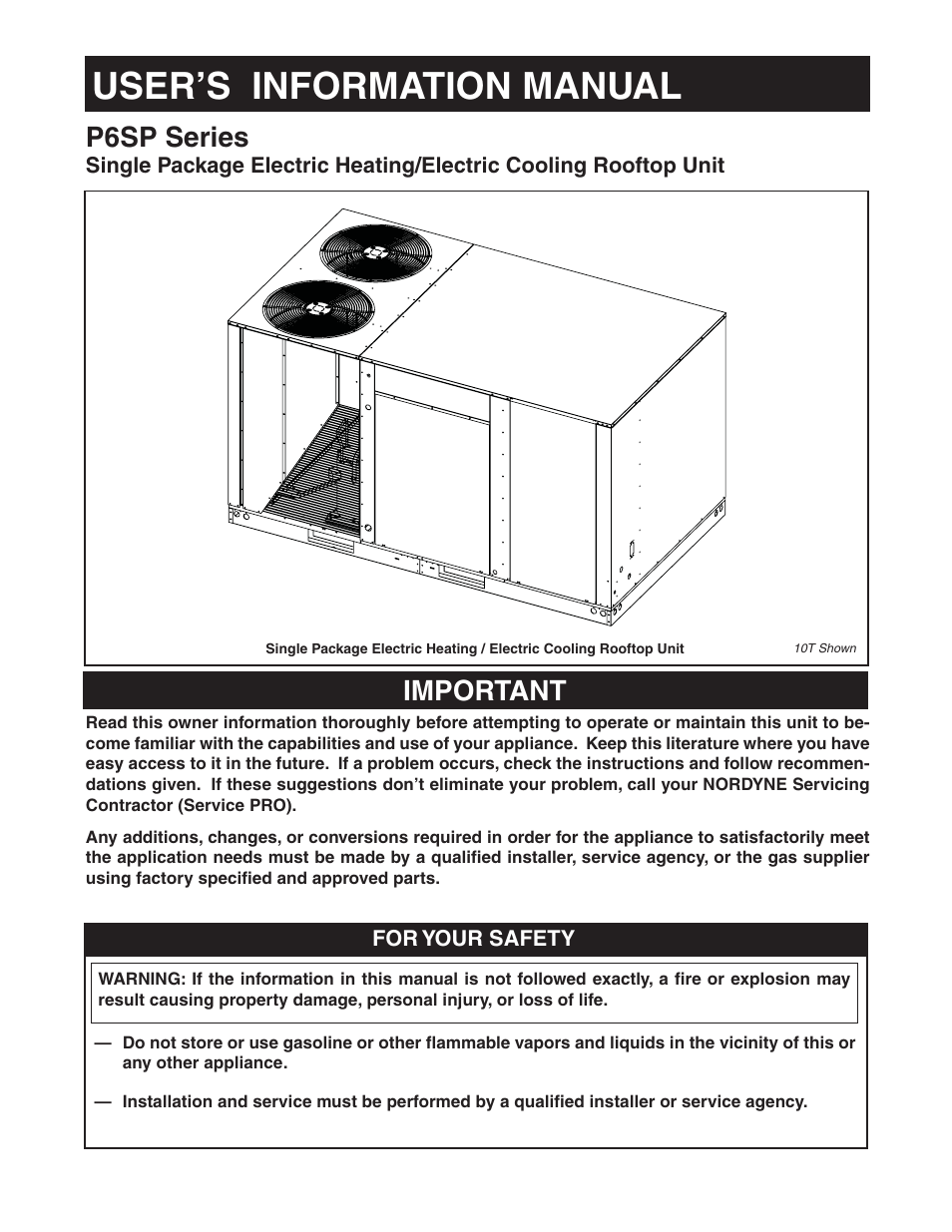 Nordyne Single Package Electric Heating/Electric Cooling Rooftop Series P6SP Series User Manual | 4 pages