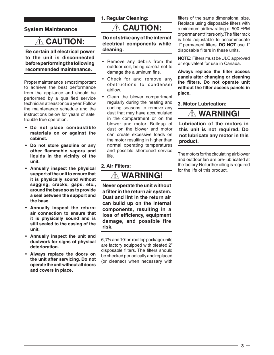 Caution, Warning | Nordyne Single Package Electric Heating/Electric Cooling Rooftop Series P6SP Series User Manual | Page 3 / 4